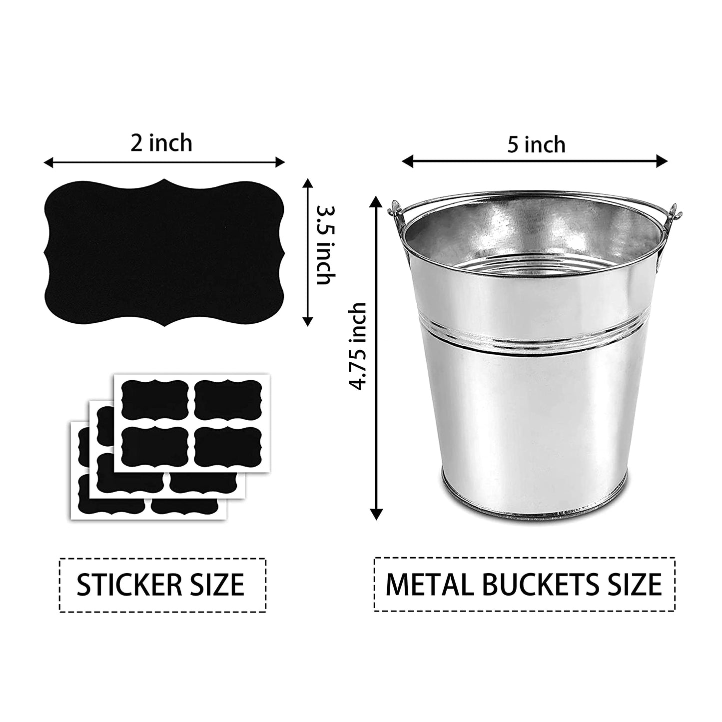 ZEDEV Set of 6 Pcs Galvanized Metal Buckets with Chalkboard Stickers and 5.5" Mini Plastic Kitchen Scoops,5 Inch Tin Buckets, Small Galvanized Pail for Backyard Decoration,Garden Planters.