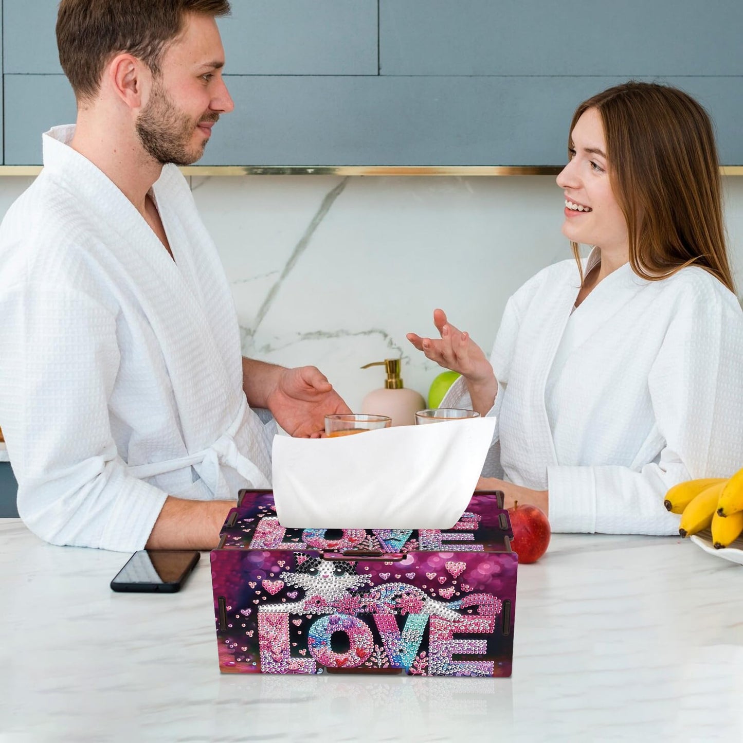 Diamond Painting Tissue Box Cover – Love Letter & Cat Design Wooden DIY Rhinestone Diamond Art Kit, Cute Handmade Craft Tissue Holder for Desktop Home Office Decor