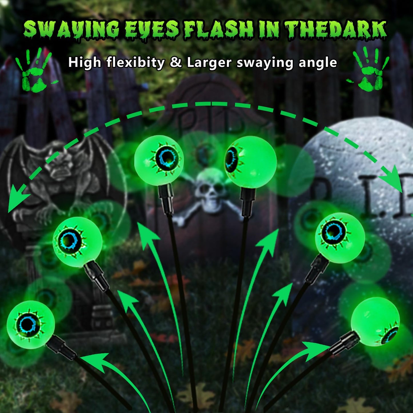 4 Pack Solar Eyeball Lights for Halloween Decorations Outdoor, 24 LED Green Eyeball Solar Halloween Lights, Waterproof Swaying Firefly Lights with 2 Modes for Pathway Patio Yard Lawn Garden Decor