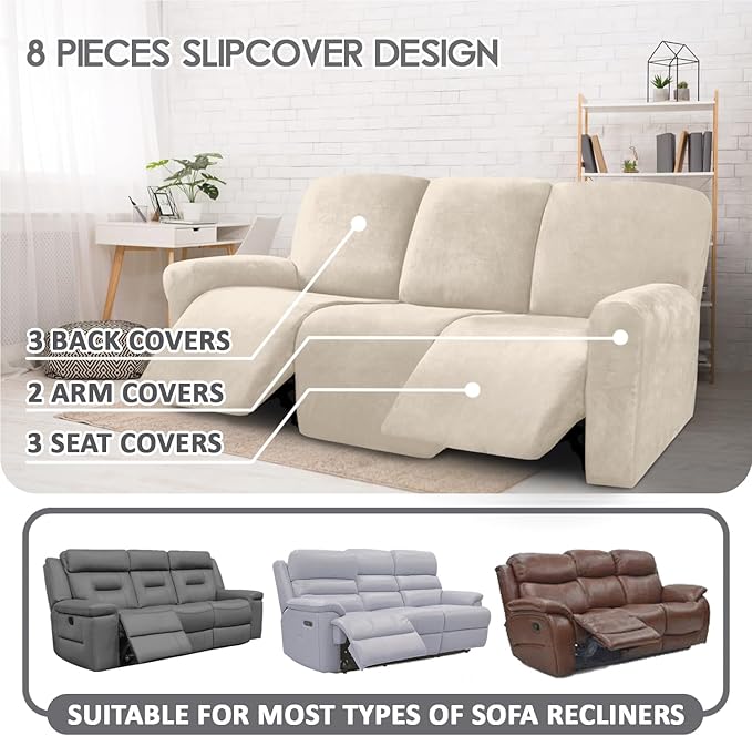 ULTICOR Velvet 8-Pieces Recliner Sofa Covers Stretch Reclining Couch Covers