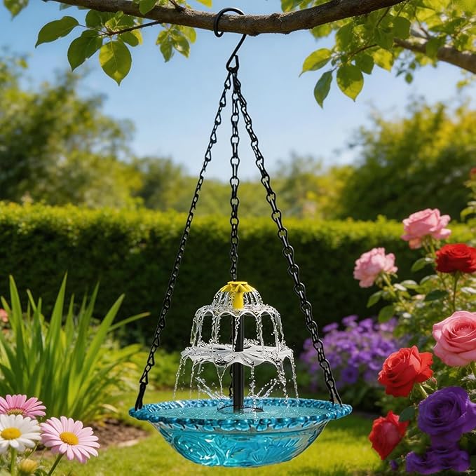 Solar Hanging Bird Bath with Fountain Cascade, Solar Powered Cascade Hanging Bird Bath Fountain with Solars Pump,for Outdoor and Gardens (Pink)