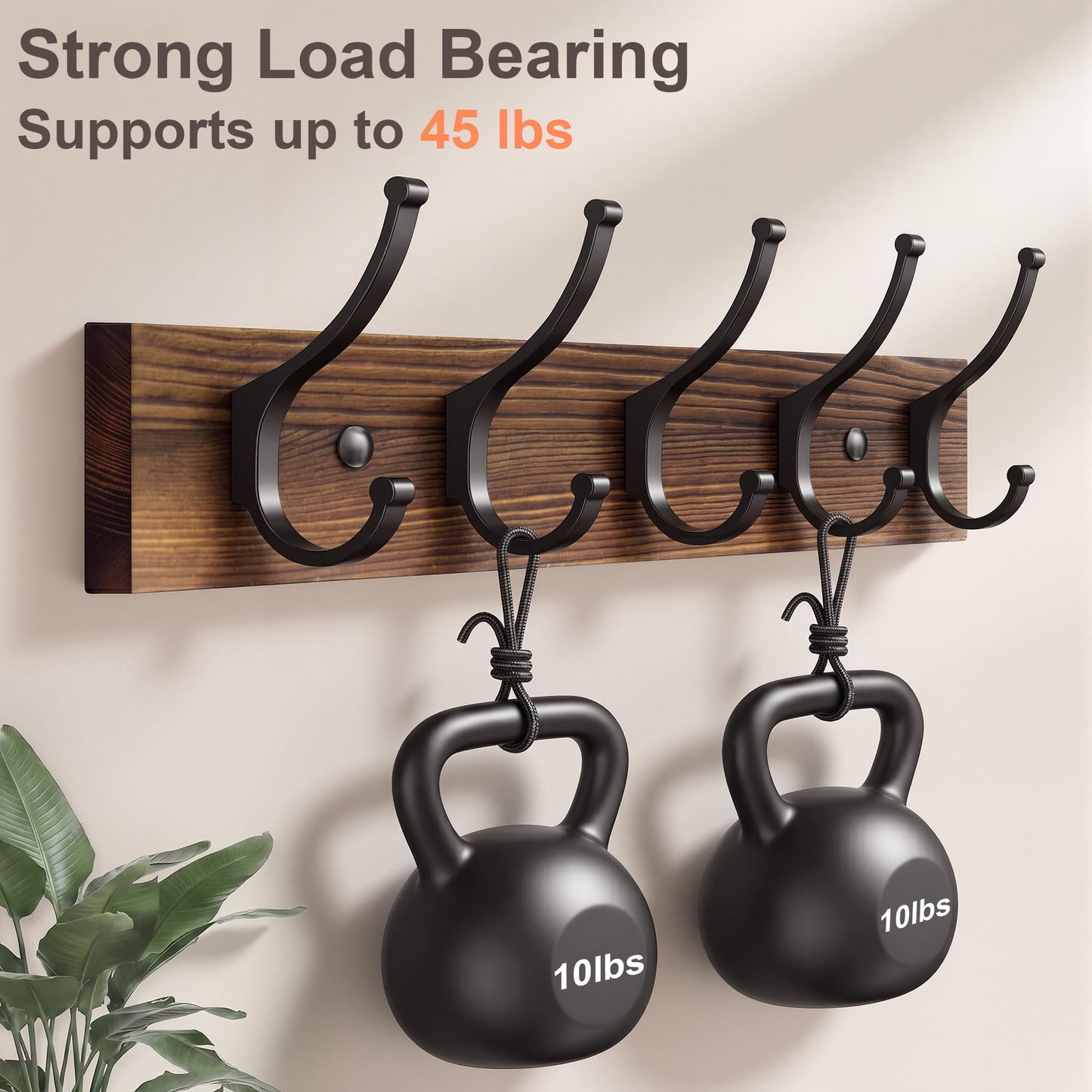 Optish 2 Pack Wooden Coat Rack Wall Mount, 16.1" Rustic Coat Hanger Hooks with 10 Double Hooks, Wall Coat Rack for Hat, Clothes, Bags, Jacket, Brown