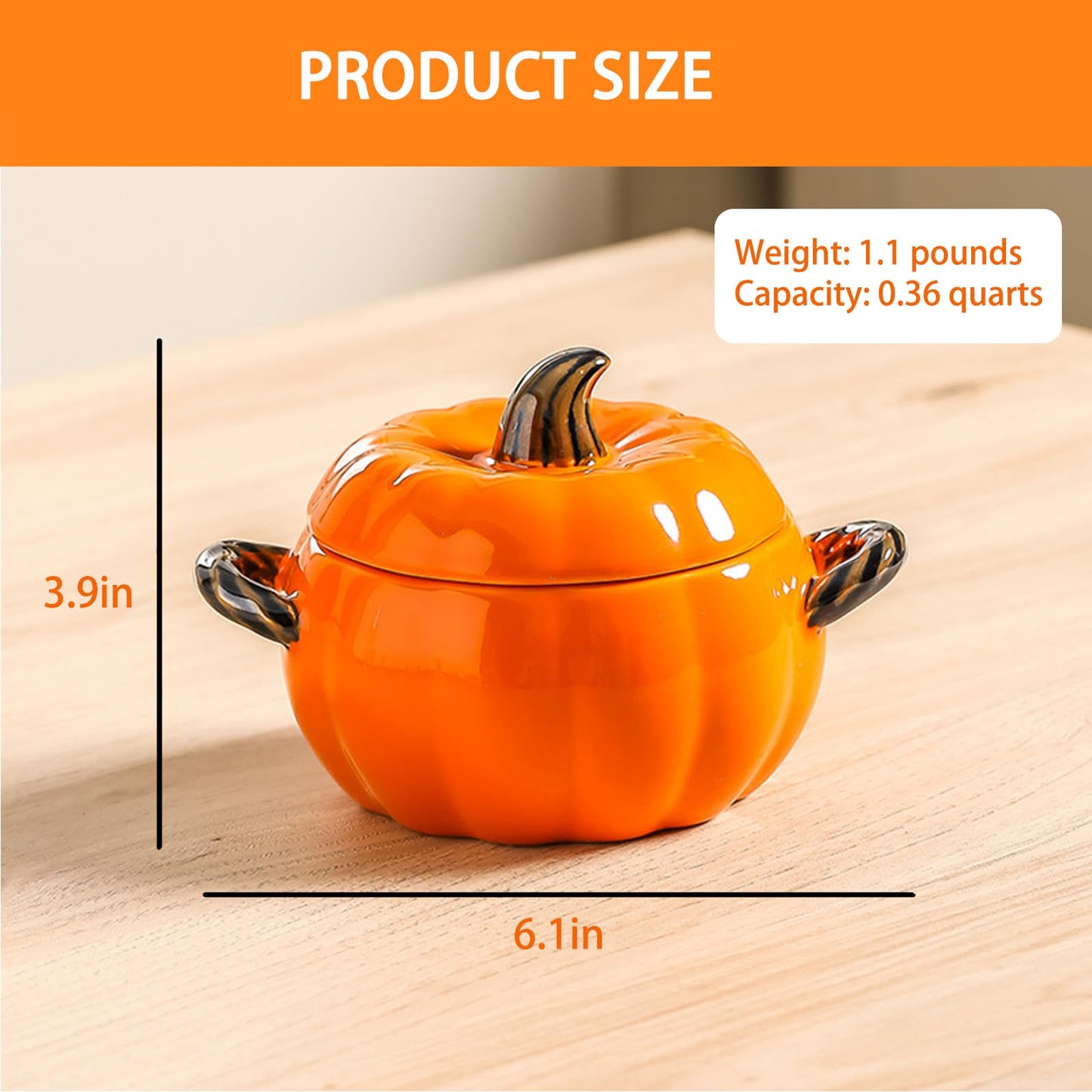 Dutch Pot with Lid, Pumpkin Shaped Ceramic Dessert Bowl, Cute Cushaw Bowl, Pumpkin Shaped Clay Pot Safe for Microwave and Dishwasher, Ideal Kitchen Decoration and Gift for Halloween (Orange)