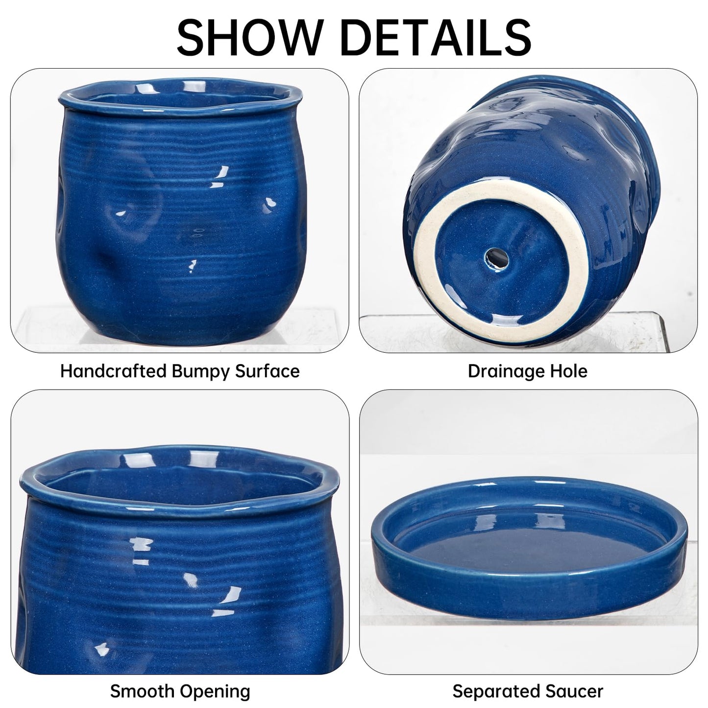 Oairse 5.7 inch Ceramic Pots for Plants, Plant Pot with Drainage Hole and Saucer Blue Ceramic Indoor Planter with Tray Decorative Flower Pots for Succulent, Cactus, Snake Plant, Herb Indoor Outdoor