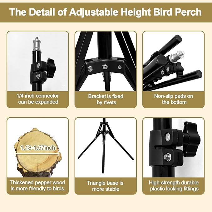 3-Layer 16-63 Inch Height Adjustable Bird Perch Pepper Wood Birds Training Perch Stand Parakeet Perches Indoor and Outdoor Parrot Stands for Small to Medium Bird