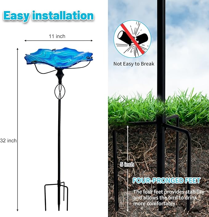 HONGLAND Bird Baths for Outside,11" Small Blue Glass Birdbaths Outdoor,Detachable Bird Feeder with Metal Stake for Garden Yard Patio Decor,32" Height