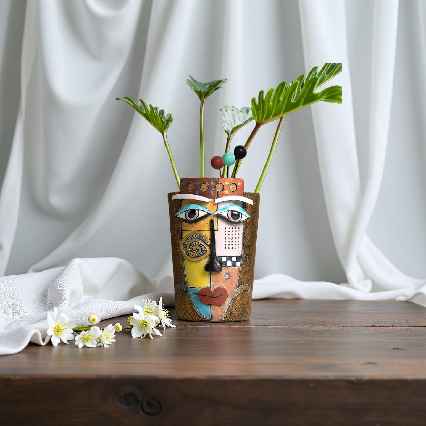 Yhupl Picasso Abstract Face Flower Pot,Plant Pot with Facial Expressions,Handmade Resin Plant Pot with Drainage Holes,for Indoor and Outdoor Botanical Home décor (Brown Small)