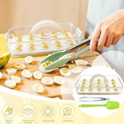 20 Deviled Egg Containers with Lid & Handle,Egg Holder for Fridge PET Thickened Eggs Organizer for Refrigerator Inc Egg Slicer,Kitchen Tongs,Silicone Spatula,Piping Decorating Kit