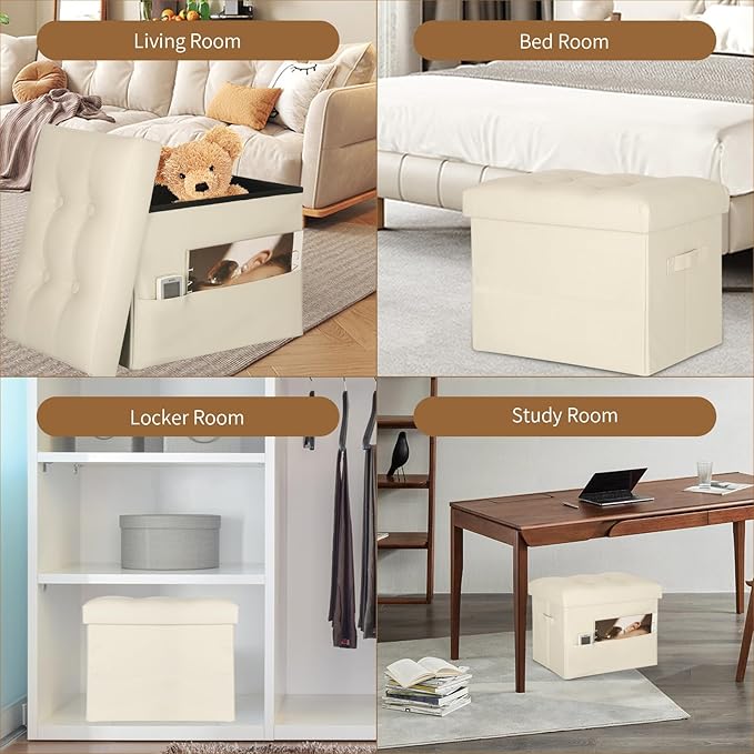 BelugaHelper Storage Ottoman Foot Rest Stool, Folding Leather Footstool Bench