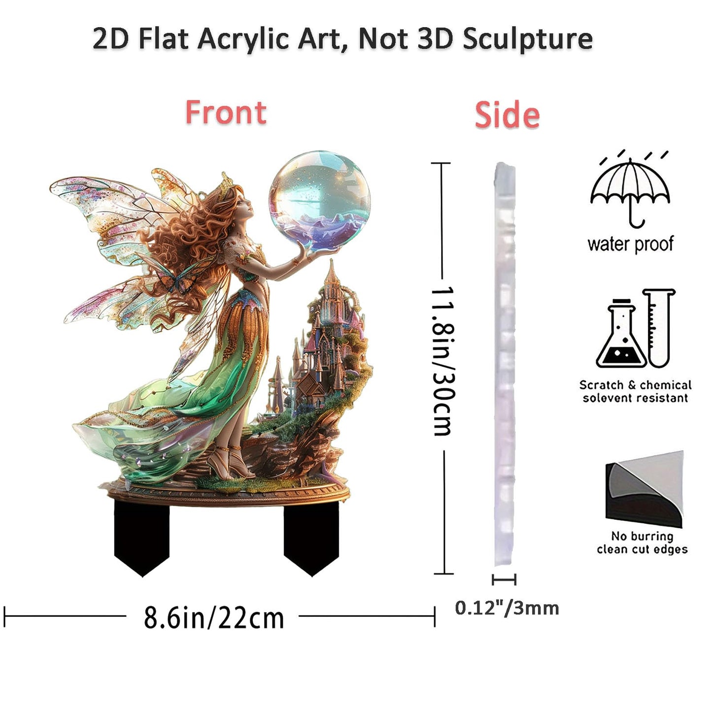 ANNUOZE Fairy Garden Stake Decor, 2D Flat Acrylic Fairy Garden Decor Panel, Elf Yard Sign for Outdoor Indoor Yard Lawn Plants Pots, Fairy Garden Accessories (Fairy with Crystal Ball)