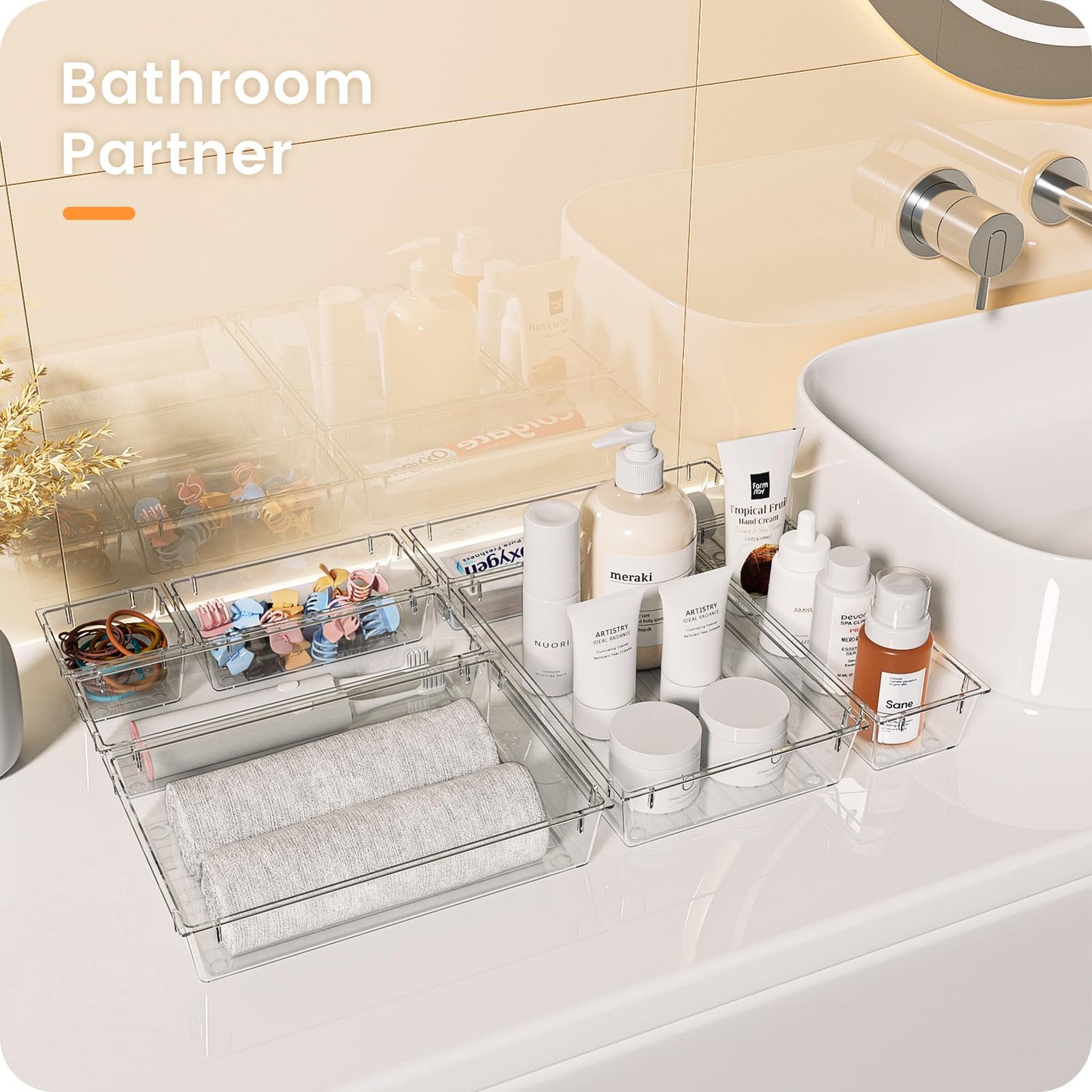 A-LuGei 【Crystal Design】 Clear Drawer Organizer,【Military Grade】 Acrylic Makeup Organizer, Bathroom Organizers and Storage, Organization and Storage, Organizer Bins for Office Vanity Kitchen Bedroom