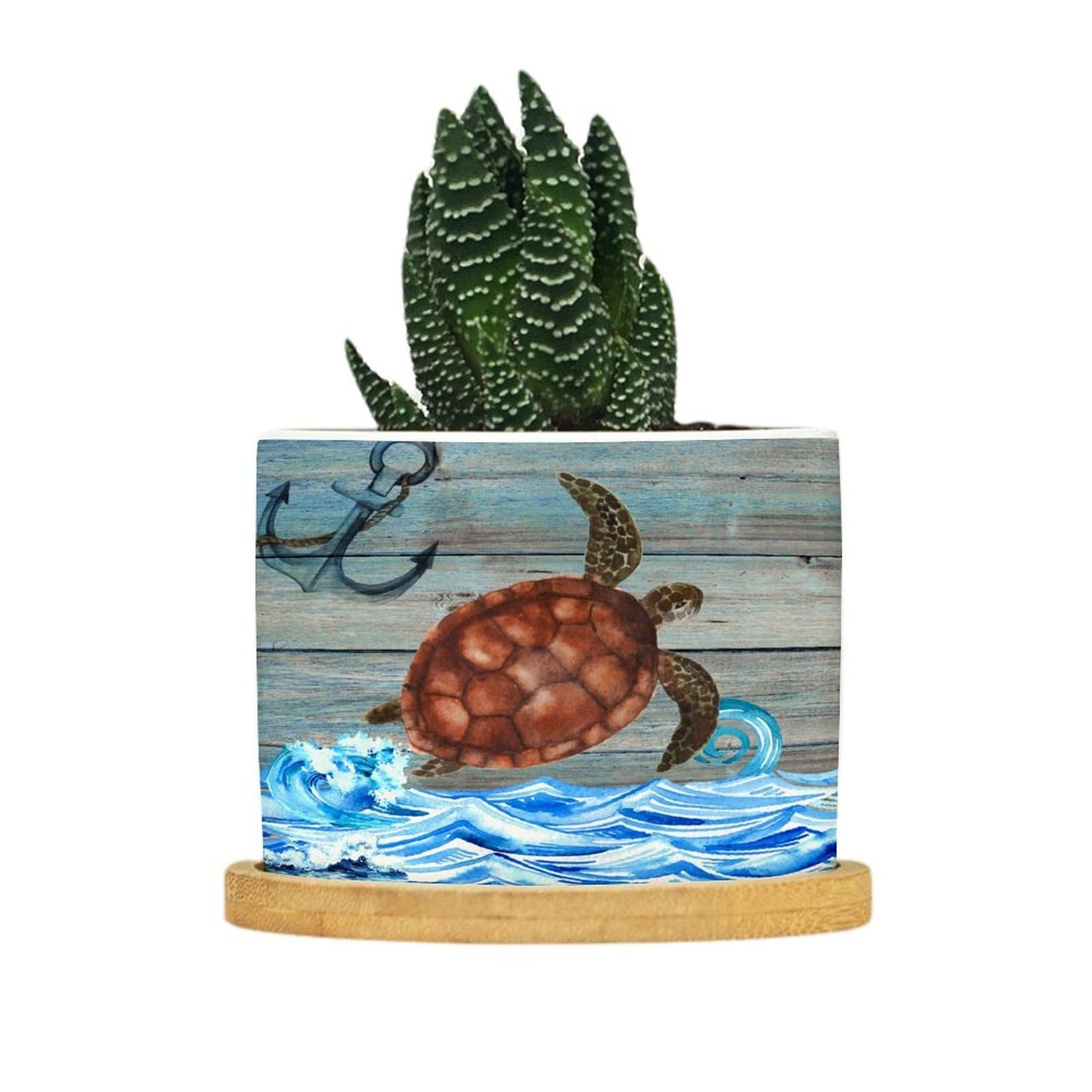 DreamAutumn Ocean Theme Sea Turtle Ceramic Pots for Plants with Drainage Holes Round Flower Pot Bamboo Tray Orchid Pot Succulents Pots for Outdoor Indoor Plants,Housewarming Gifts