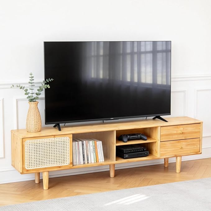 Tiita Rattan TV Stand for 55 60 Inch TV, Bamboo TV Cabinet