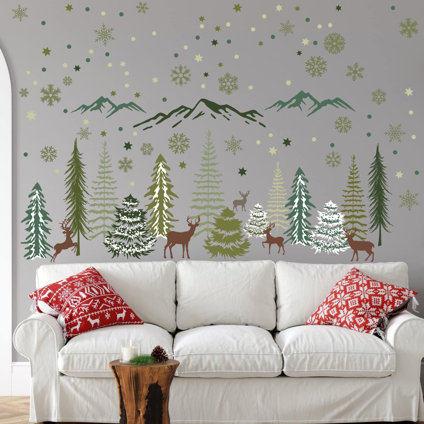 Teling 8 Pieces Winter Snowflake Wall Decals Stickers Dreamy Nursery Forest Woodland Trees Deer Pine Tree Wall Decals for Kids Room Winter Decor(Green, Brown)