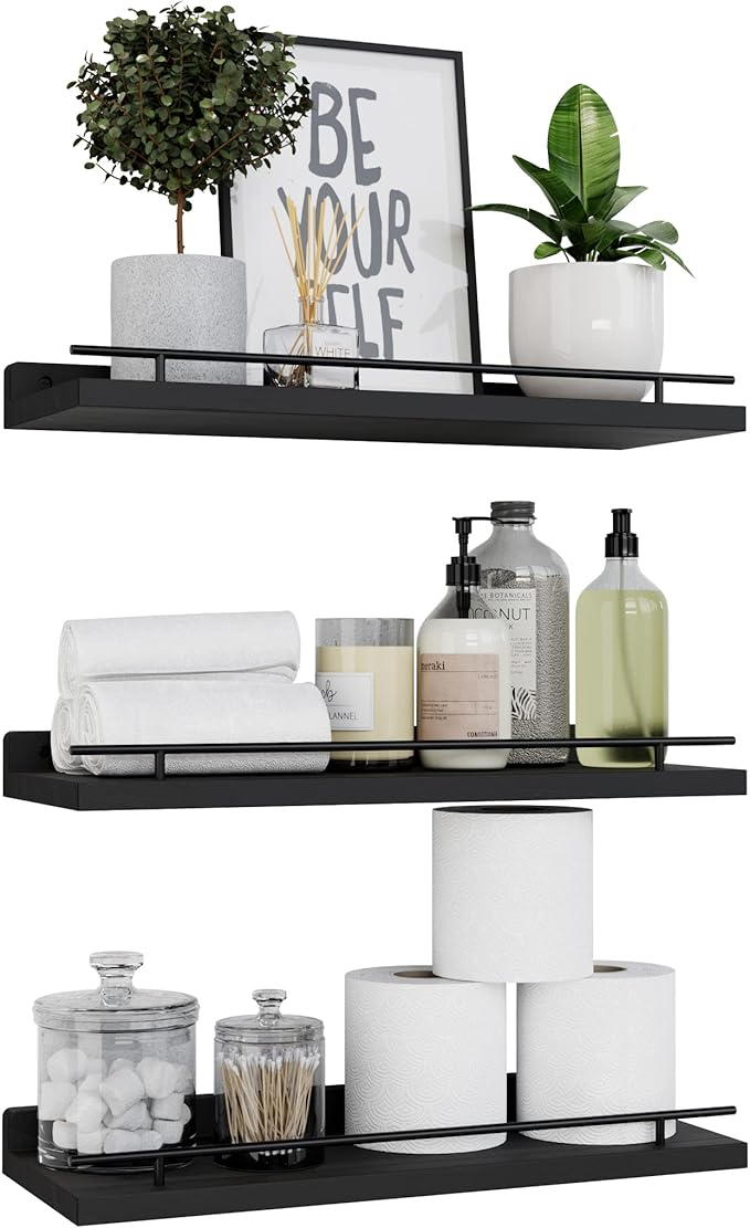 WOPITUES Floating Shelves with Black Metal Guardrail, Shelves