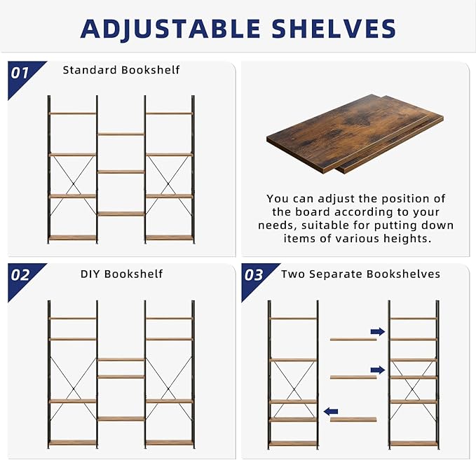 NUMENN Triple Column 4 Tier Bookshelf, Bookcase