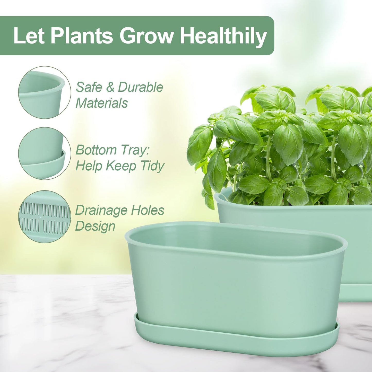 Oliz Set of 4 Green Oval Window Sill Planters with Drainage Holes and Trays（7 Inch） for Herbs Basil Orchids Succulents, Modern Herb Garden Planter for Indoor/Outdoor Plants