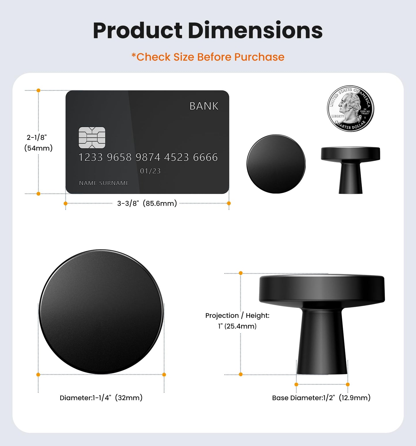 Veise 10 Pack 1-1/4 Inch Matte Black Solid Zinc Alloy Cabinet Knobs, Heavy Duty Round Single Hole Drawer Pulls for Kitchen Cupboard Dresser Closet, Transitional Traditional Modern Style