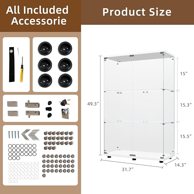 Display Cabinet with Glass Door and Lock, 3-Shelf Fast Installation Curio