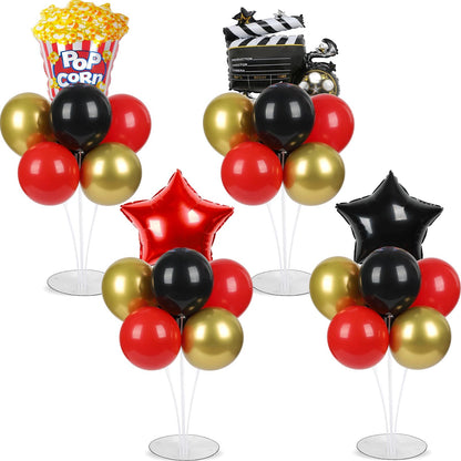 4 Sets Movie Night Party Balloons Stand Kit with Popcorn Clapboard Star Foil Balloons Red Black Gold Themed Party Balloon Centerpiece for Tables for Birthday Camera Film Party Movie Themed Decorations