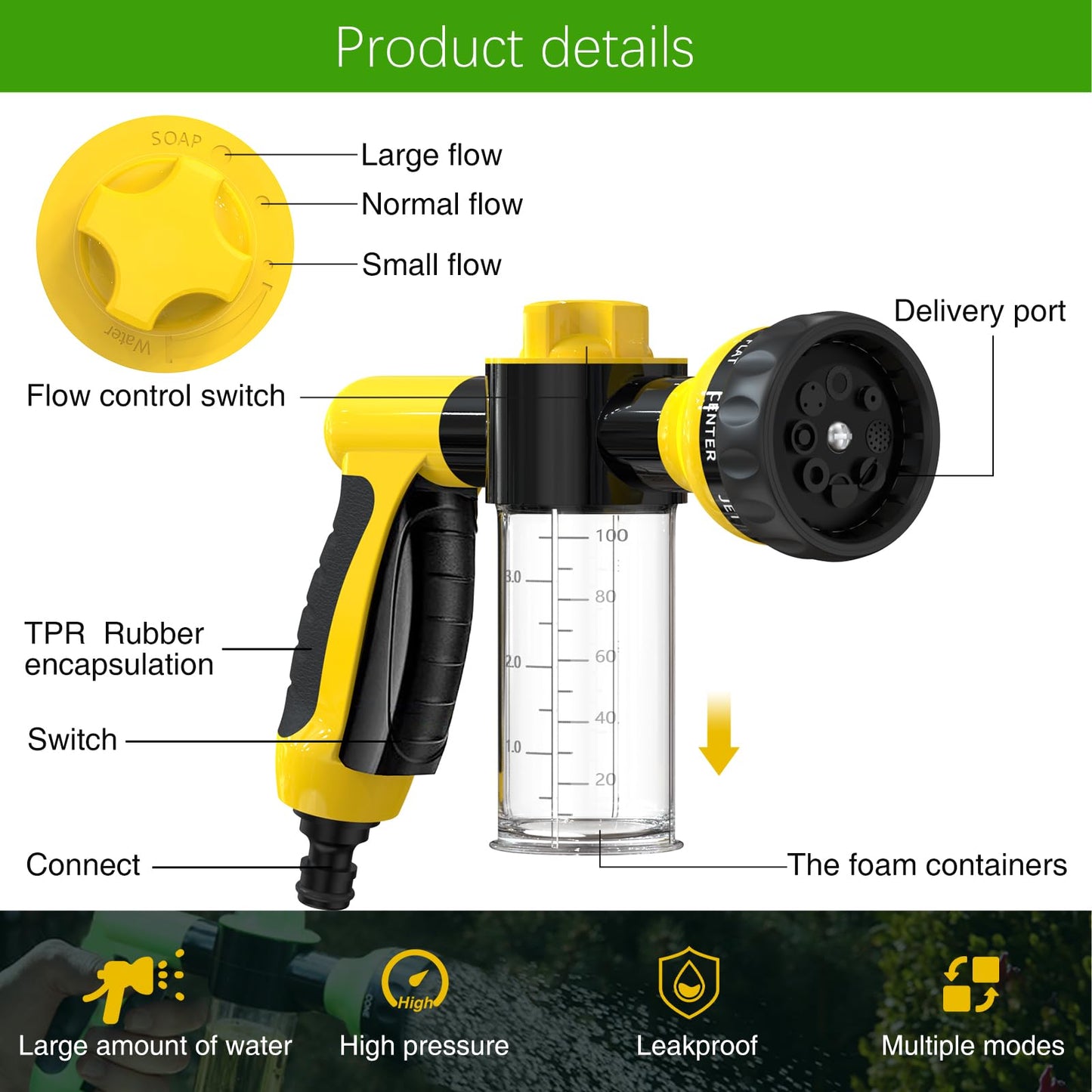 Garden Hose Nozzle, High Pressure Spray Gun Nozzle, 8 Spray Patterns for Watering Plants, Lawn, Patio, Cleaning, Showering Pet with 3.5oz/100cc Soap Dispenser Bottle (Orange)