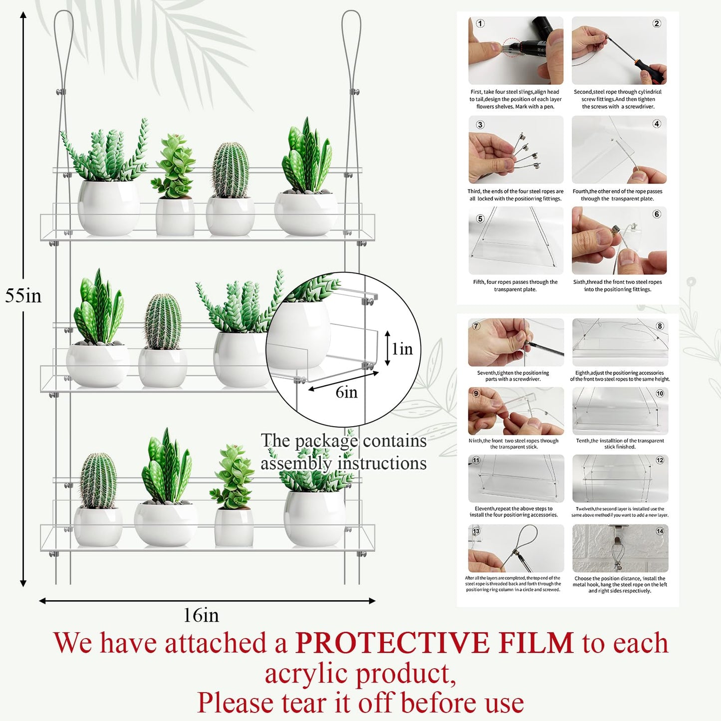 Ziliny 2 Pcs 16 Inch 3 Tier Clear Hanging Window Plant Shelves Acrylic Shelves Hanging Plant Stand Window Hanger Flower Pot Organizer Storage for Indoor Wall Garden Grow Herb