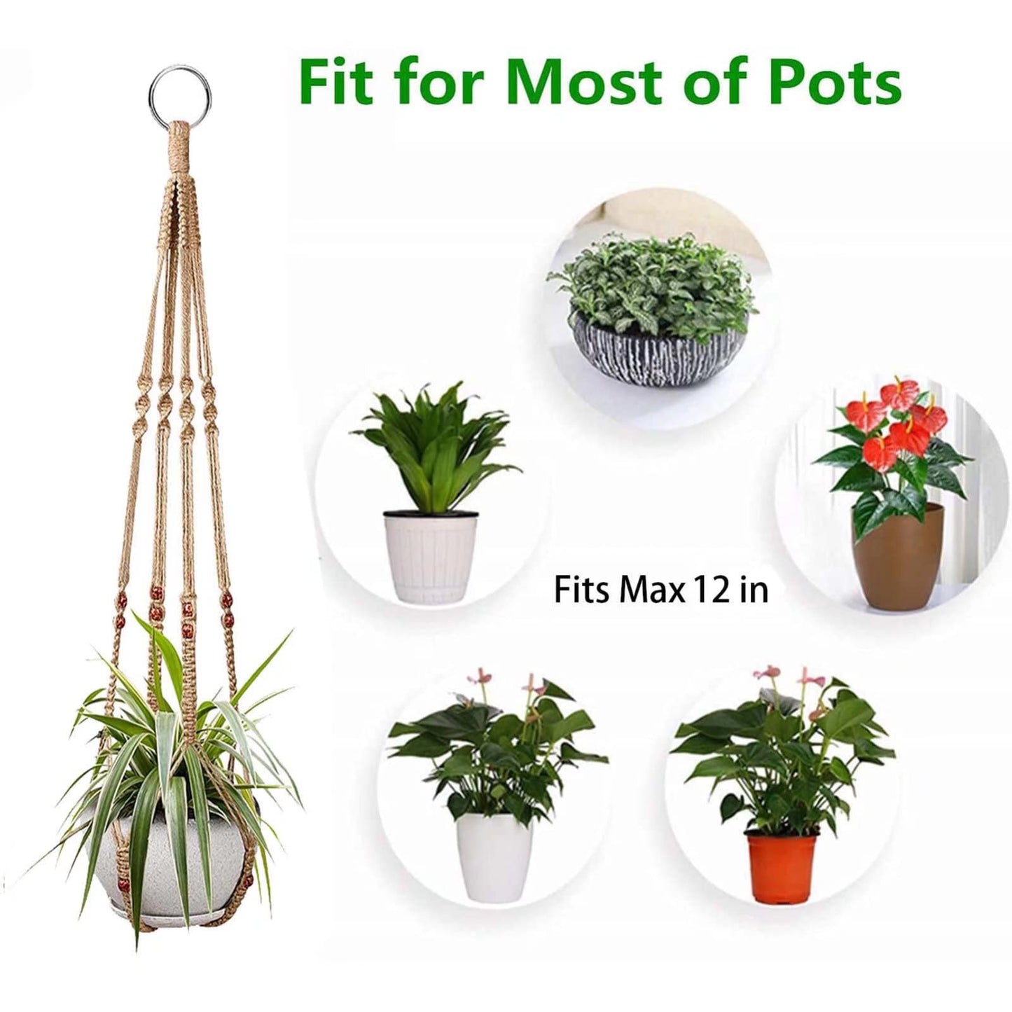 Macrame Plant Hanger 3 Pack Ceiling Plant Hanger 35'' Brown Hanging Planter Holder Boho Handmade Plant Jute Rope with 6 Hooks and Beads for Indoor Outdoor Home Balcony Decor, Fit Max 12'' Flower Pot