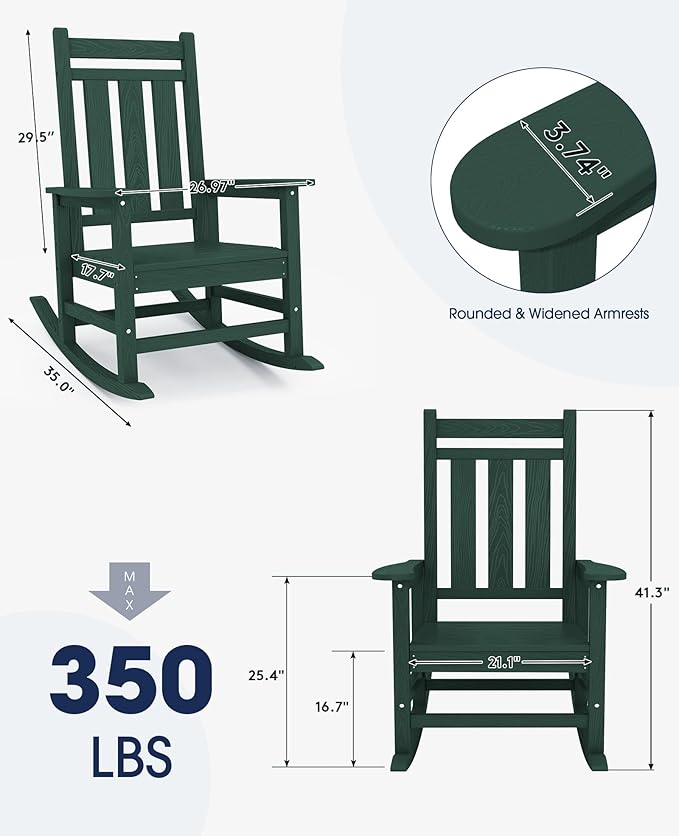 KINGYES Oversized Outdoor Rocking Chair Set of 2, All-Weather Patio Rocking