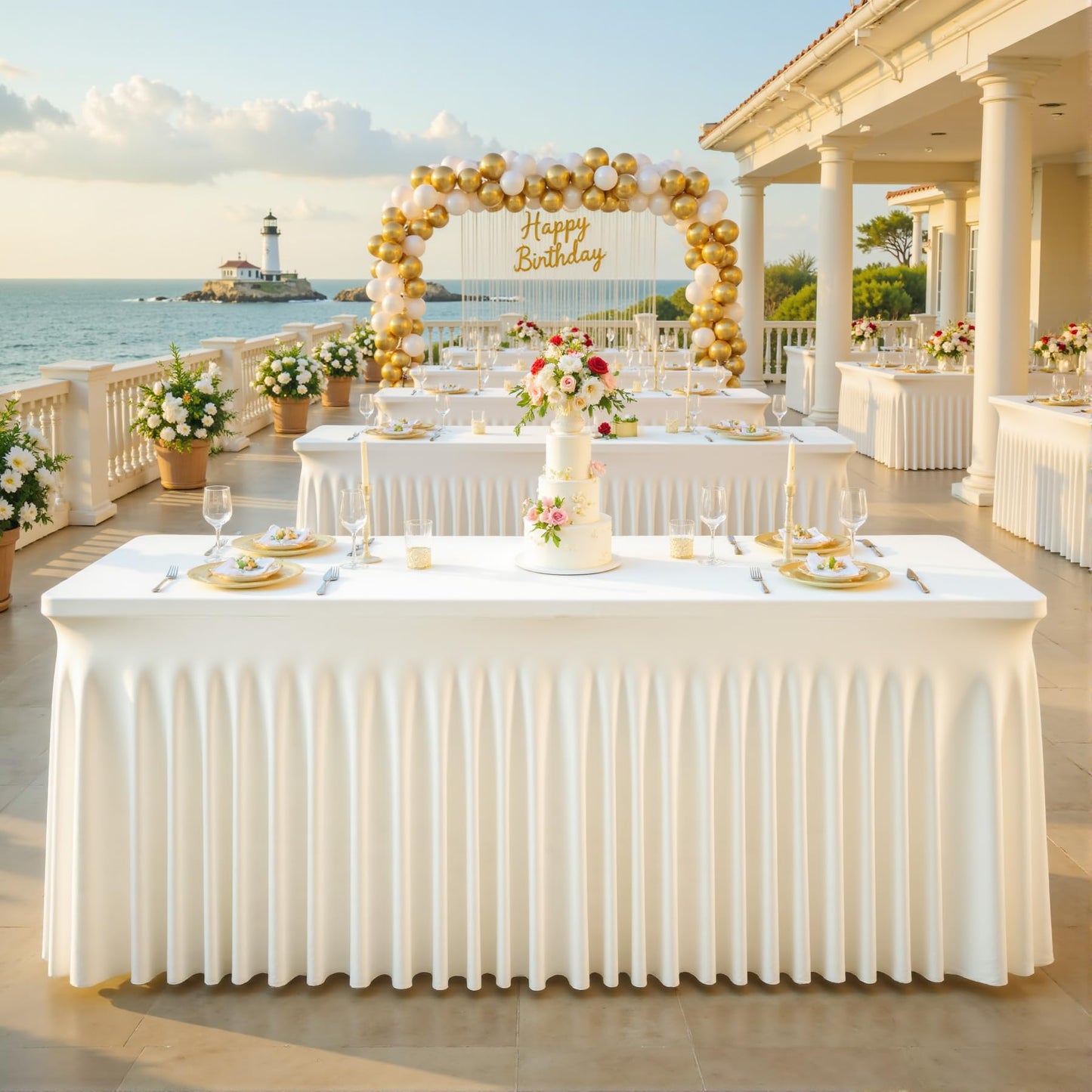 2 Pack Ivory Spandex Tablecloths for Rectangle Tables 6 Foot Ivory Stretch Table Cloth Rectangle 6ft Elastic Fitted Table Cover with Skirt for Wedding Birthday Party Banquet Baby Shower Buffet Event
