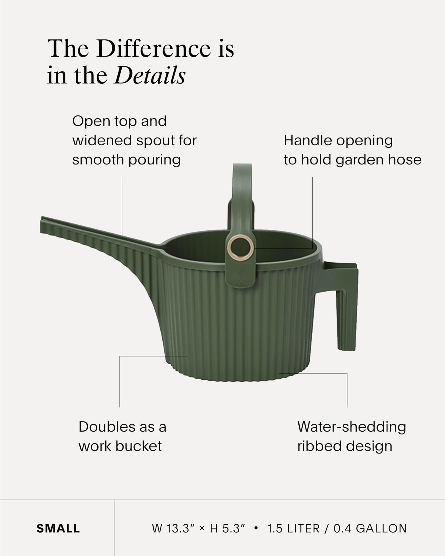 Hachiman Small Watering Can - 1.5 L Plant Watering Can with Widened Spout for Indoor and Outdoor Plants - Hands-Free Filling - 13.3" × 5.3"- Garden Green