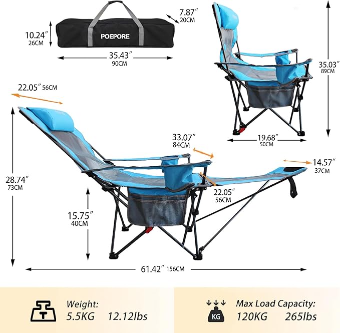 Reclining Camping Chair with Removable Footrest Lounge Chair with Headrest