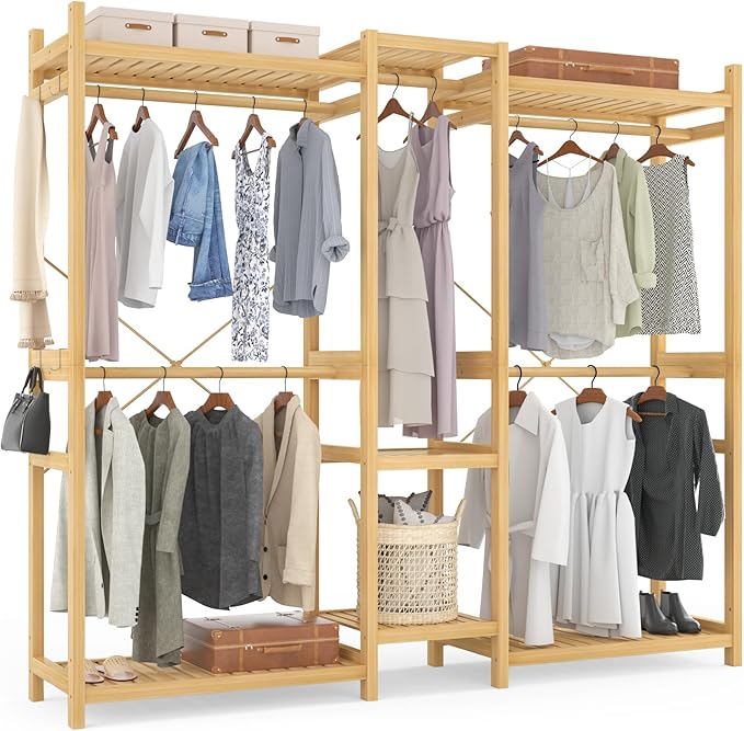 Homykic Bamboo Closet System Clothes Rack, Large Freestanding Garment Rack