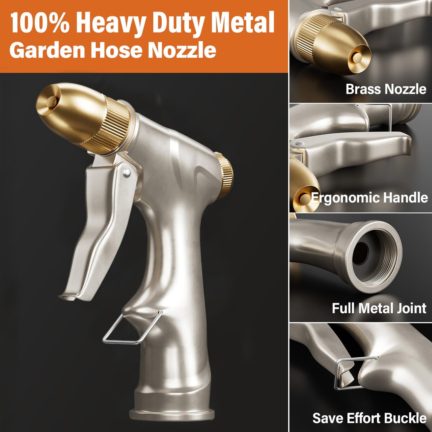 Garden Hose Nozzle with Full Brass Nozzle, 100% Metal Hose Sprayer with 4 Adjustable Patterns, Heavy Duty Water Nozzle for Garden, Lawns, Cars, Showering Pet & Windows