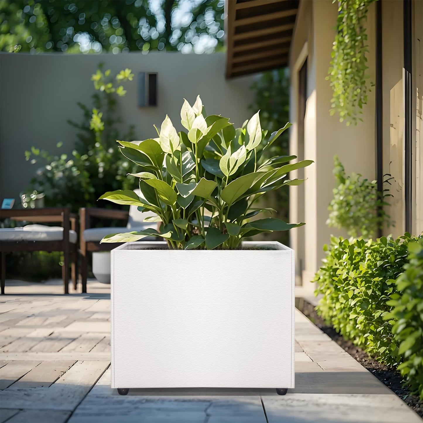 Zezgeuro Planter Box Rectangular Block - 16×12×12IN Galvanized Steel Metal Long Box Planter Easy Installation Modern Outdoor Tall Planters All-Weather Use with Drainage Holes for Patio/Porch(White)