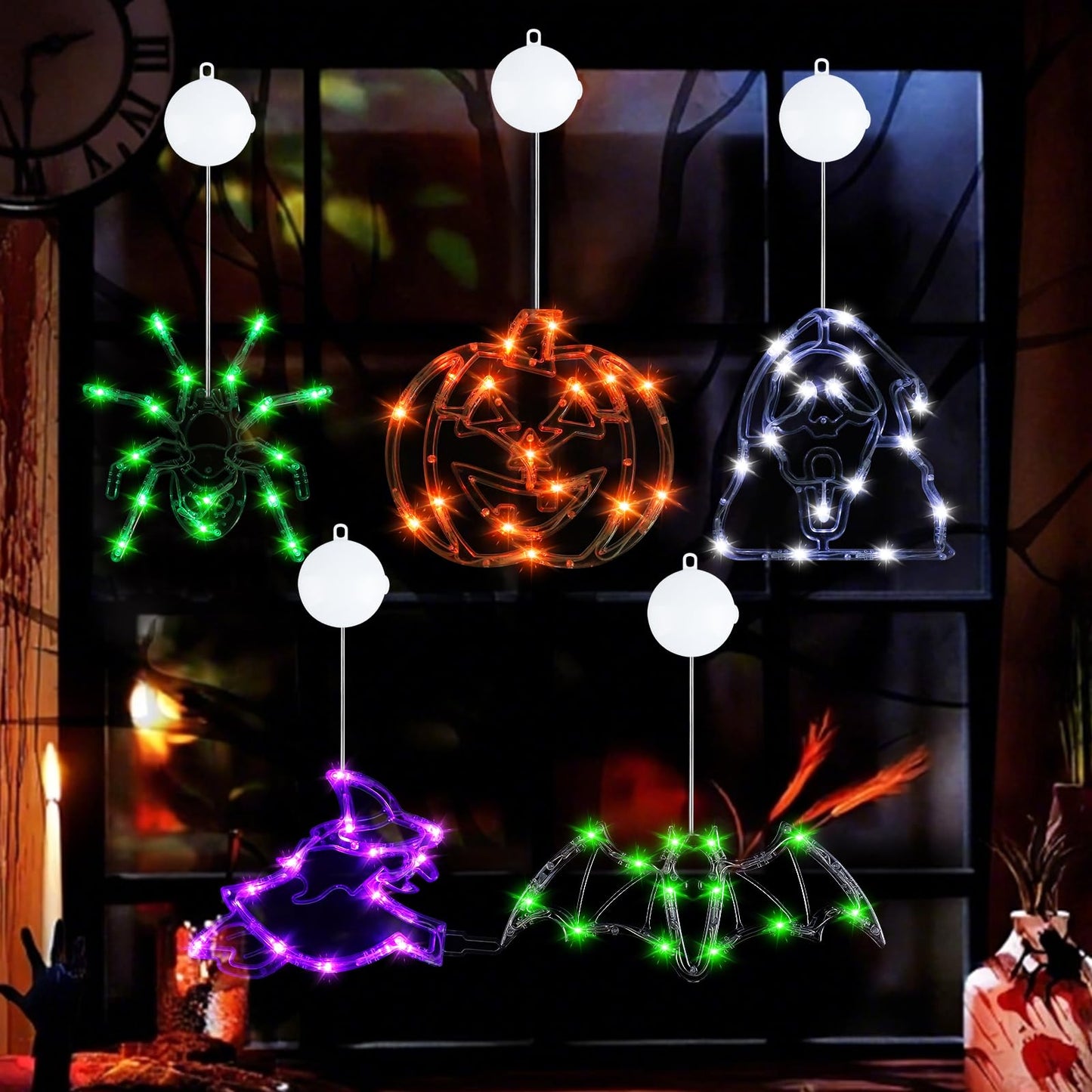 Wlicon 5 PCS Halloween Lights Decorations Green Spider Orange Pumpkin White Ghost Purple Witch Green bat with Suction Cups and Battery Operated Halloween Lights with Timer for Window House Decoration