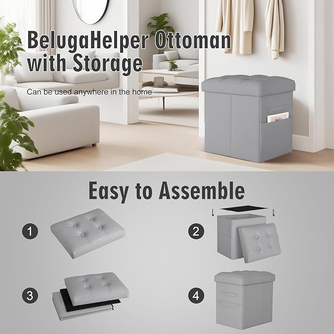 Ottoman with Storage, Ottoman Foot Rest Stool with Handles & Side Pocket.