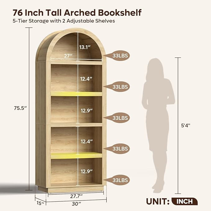 Bestier 76" Tall Arched Bookcase, 5 Tier Arched Bookshelf