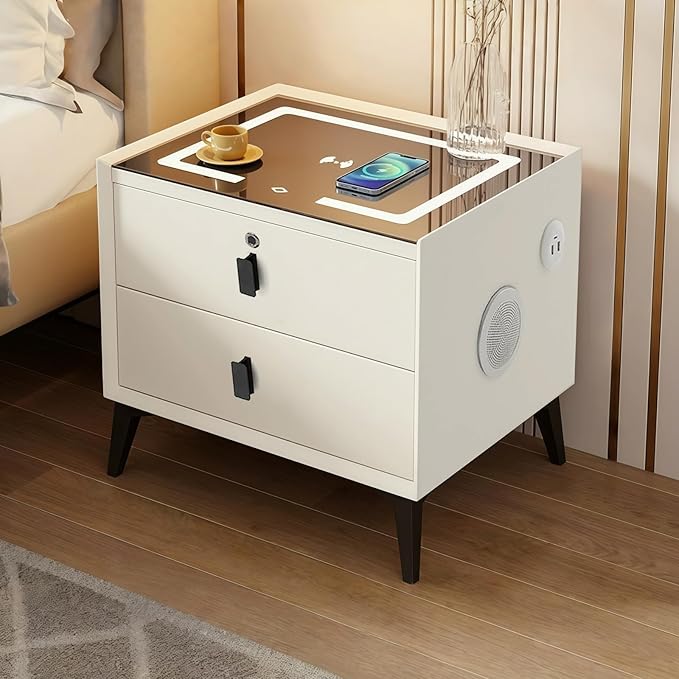 Smart Nightstand with Charging Station, Adjustable LED, USB Ports, Fingerprint