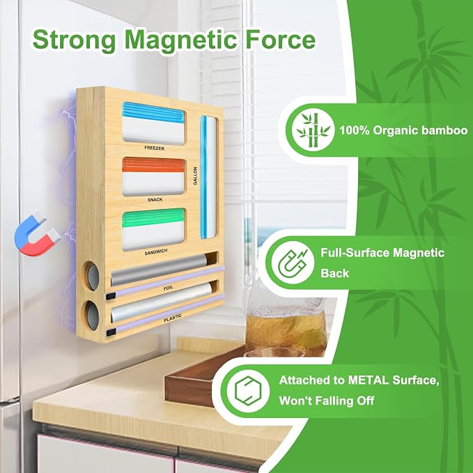 MSJGA Magnetic Food Bag Storage Organizer for Drawer or Refrigerator, Compatible with Gallon,Quart, Sandwich, Snack & Variety Size Bags
