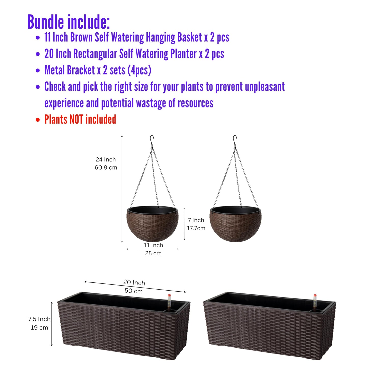 LaLaGreen Bundle- 2 Pack, 11 Inch Brown Hanging Plastic Basket + 2 Pack, 20 Inch Self Watering Planter with Bracket Rattan Style Window Plants Boxes Balcony Fence Porch Deck Modern Flower Pots Outdoor