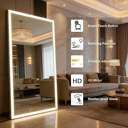 Full Length Mirror with Lights, 71"x32" Full Body Mirror with Light, Lighted Floor Mirror, LED Full Length Mirrors Wall Mounted Dimming & 3 Color Lighting for Bedroom, White