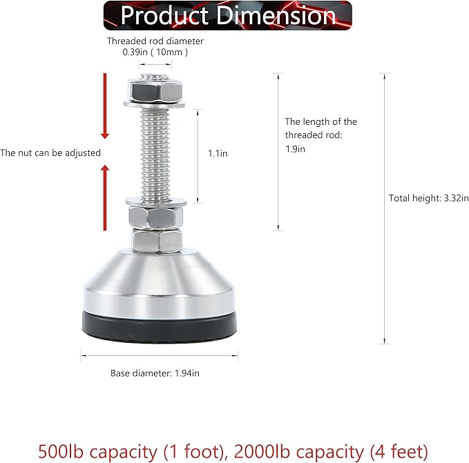 Heavy Duty 2000 lb Capacity Stainless Steel Adjustable Leveling Feet