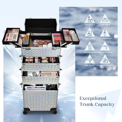 Stagiant Rolling Makeup Case Cosmetology Case on Wheels 4 in 1 Large Cosmetic Organizer Train Case Makeup Travel Case with Key Nail Artist Salon Storage Traveling Cart Big Trunk Shiny Silver