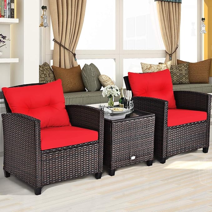 COSTWAY 3PCS Patio Furniture Set, PE Rattan Wicker Sofa w/Washable Cushion and