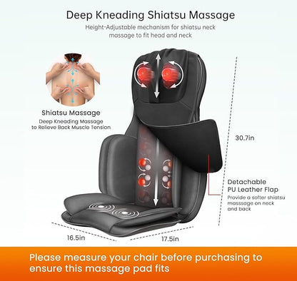 Snailax Shiatsu Back Massager with Heat, 3D Kneading Massage Chair Pad, Neck Back Massager for Back Pain Relief Deep Tissue, Chair Massager for Men Women