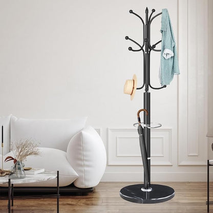 ZOZOE Metal Coat Rack Stand, Modern Coat Rack Freestanding with Natural Marble Base, Sturdy Coat Racks with 12 Hooks & Umbrella Holder,Black Coat Tree Hanger Stand for Bags,Hats,Entryway,Office