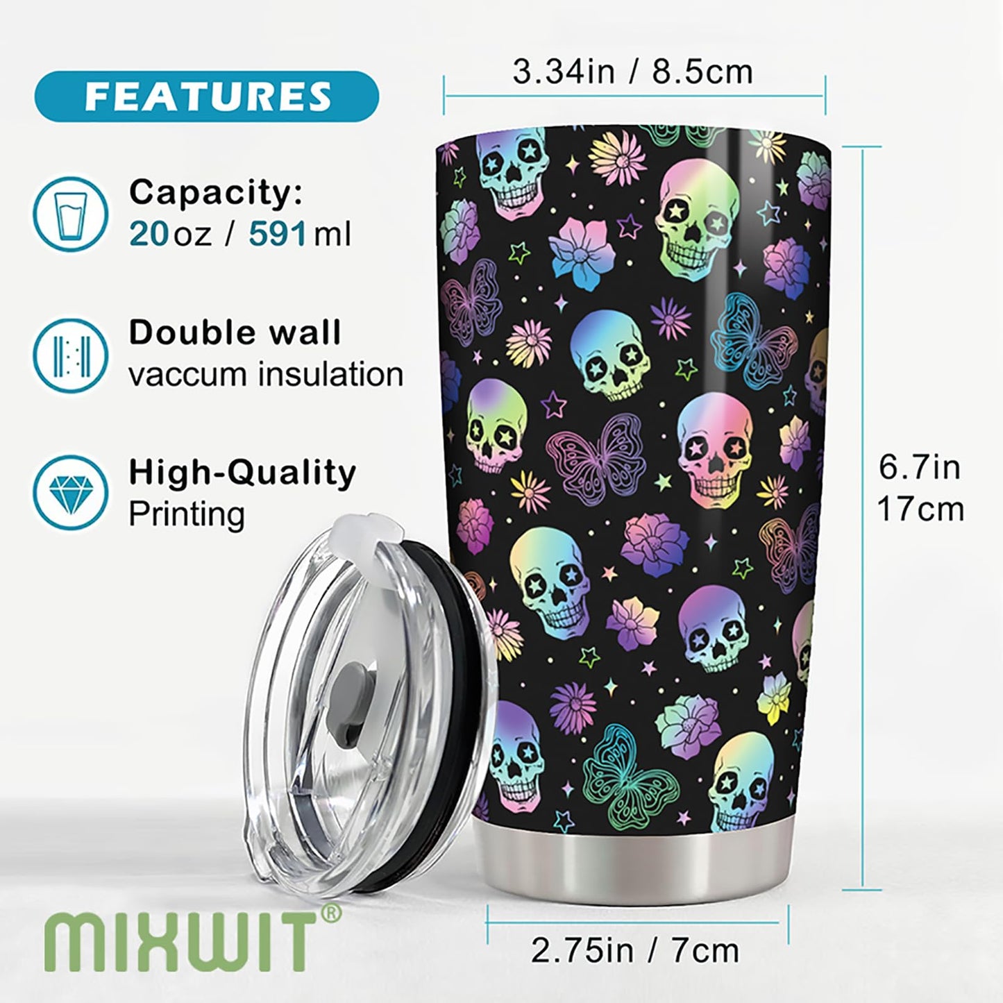 MIXWIT 20oz Rainbow Skull Stainless Steel Insulated Tumbler with Lid Colorful Floral & Butterflies Gothic Punk Style Coffee Travel Mug Cup Birthday Halloween Christmas Skull Gifts for Women
