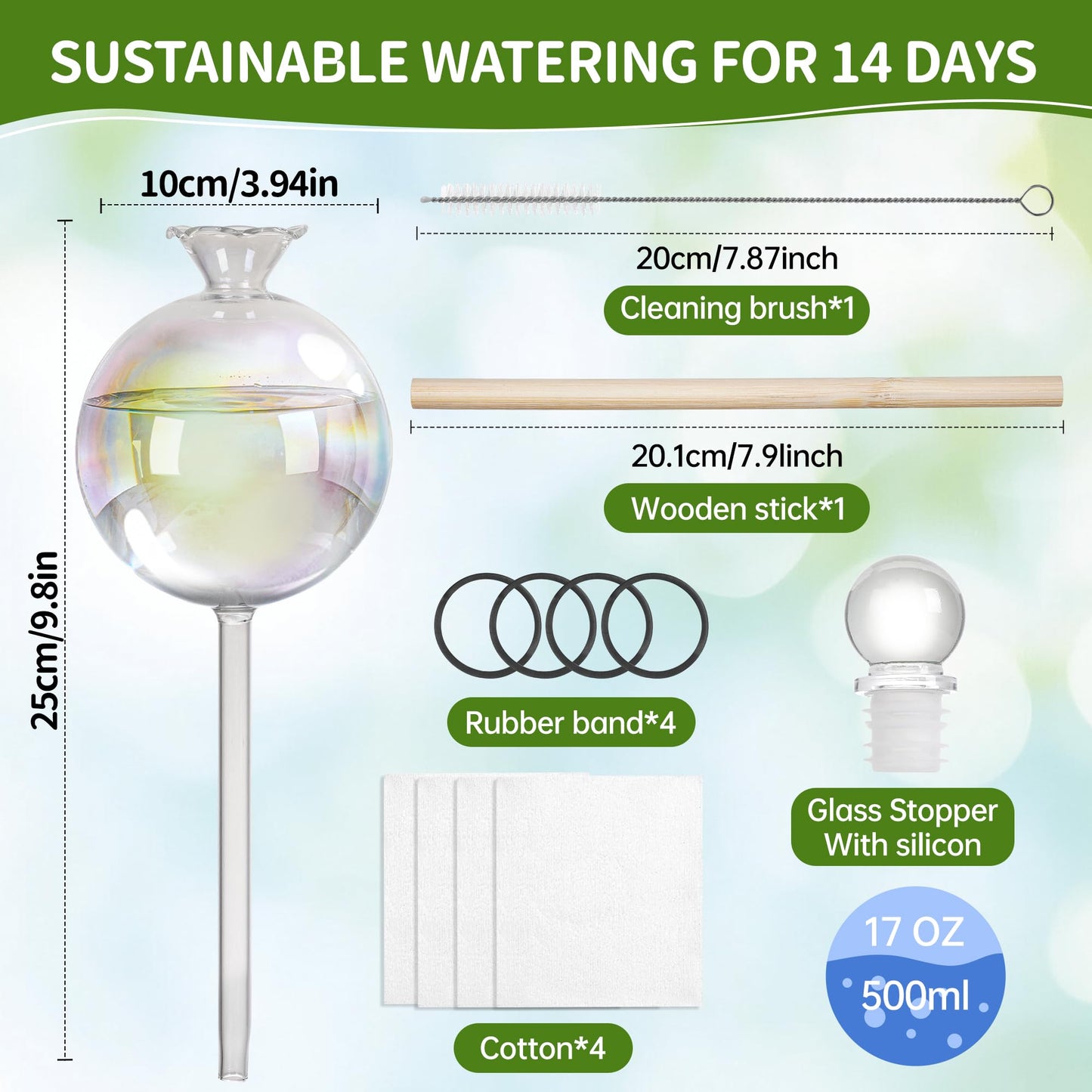 17 oz 2 Weeks Extra Large Plant Watering Globes, Iridescent Glass Self Watering Globes, Self Watering Planter Insert, Plant Watering Devices, Automatic Watering Bulbs for Daily Use (Large 4-Pack)