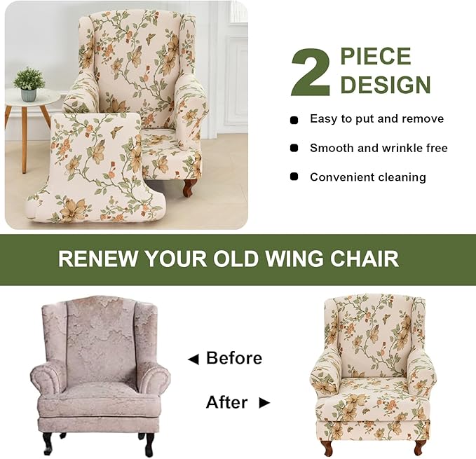 HAOYONG Wing Chair Slipcovers Stretch Wingback Chair Covers Printed 2 Pieces