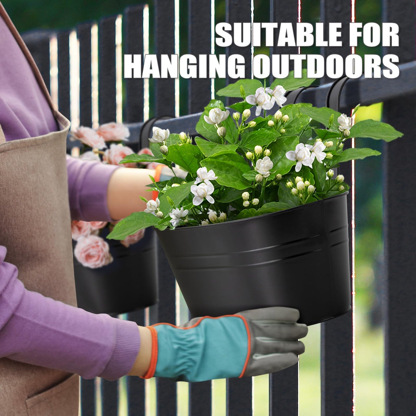 5 Pcs Iron Hanging Flower Pots 11 Inch Hanging Planters for Outdoor Plants Metal Hanging Bucket Pots Iron Railing Fence Planter with Drainage Holes and Hooks for Porch Railing Balcony Fence(Black)